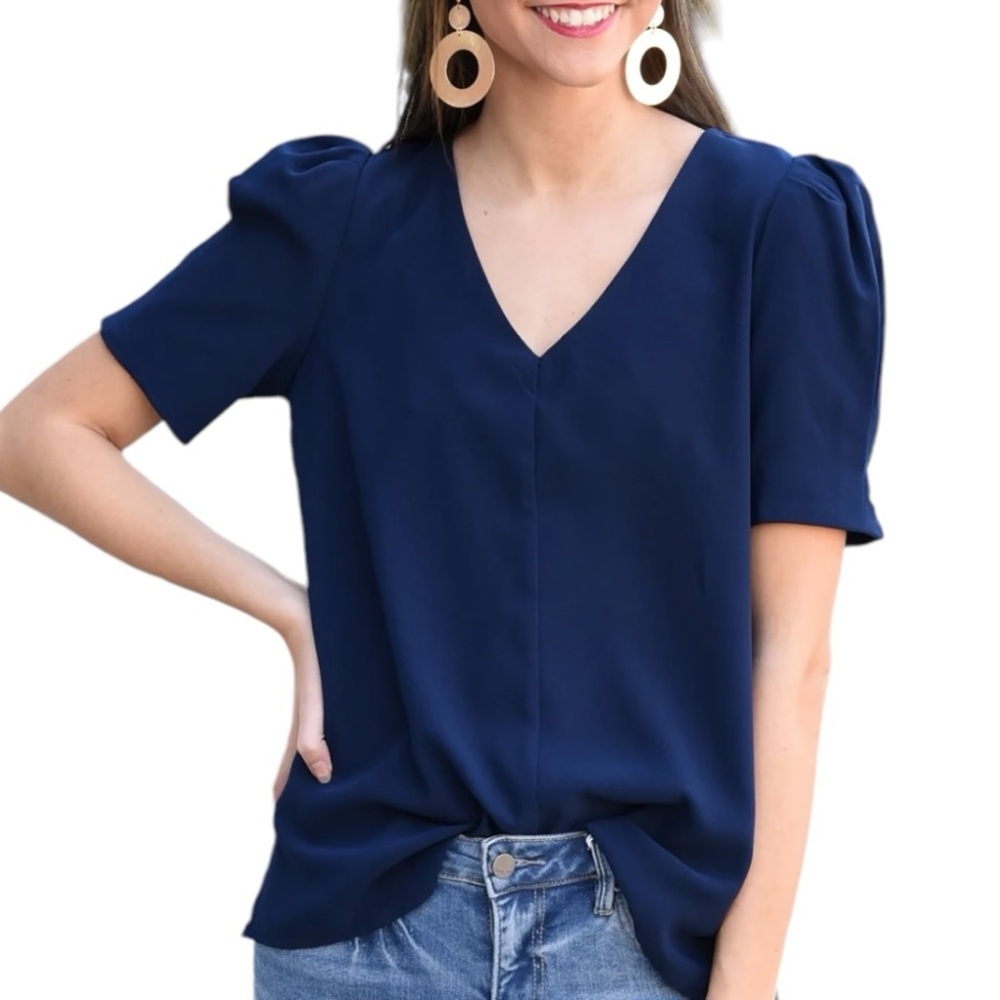 Jodifl Women's Medium Navy‎ Blue Short Sleeve Puff Sleeve V Neck Holiday